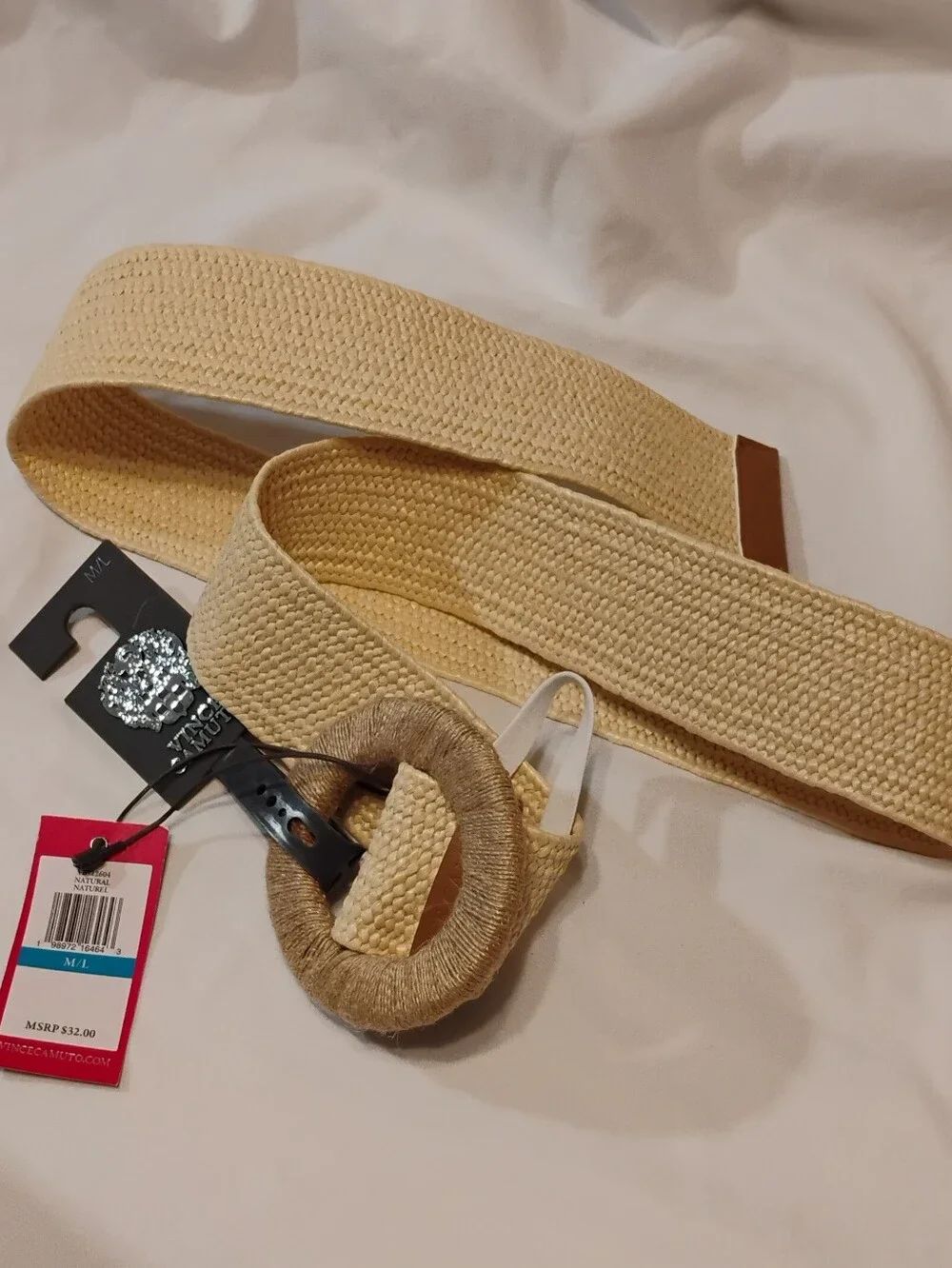 Vince Camuto Natural Tan Woven Raffia Round-Buckle Waist Belt